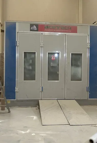 Full size automotive paint booth with diesel heater and Italian 500 lit compressor and dryer