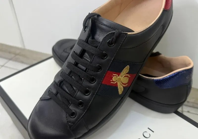 Men’s Gucci Ace Bee Black Leather Shoes Trainers Sneakers Mens UK 9 US 10 EU 43