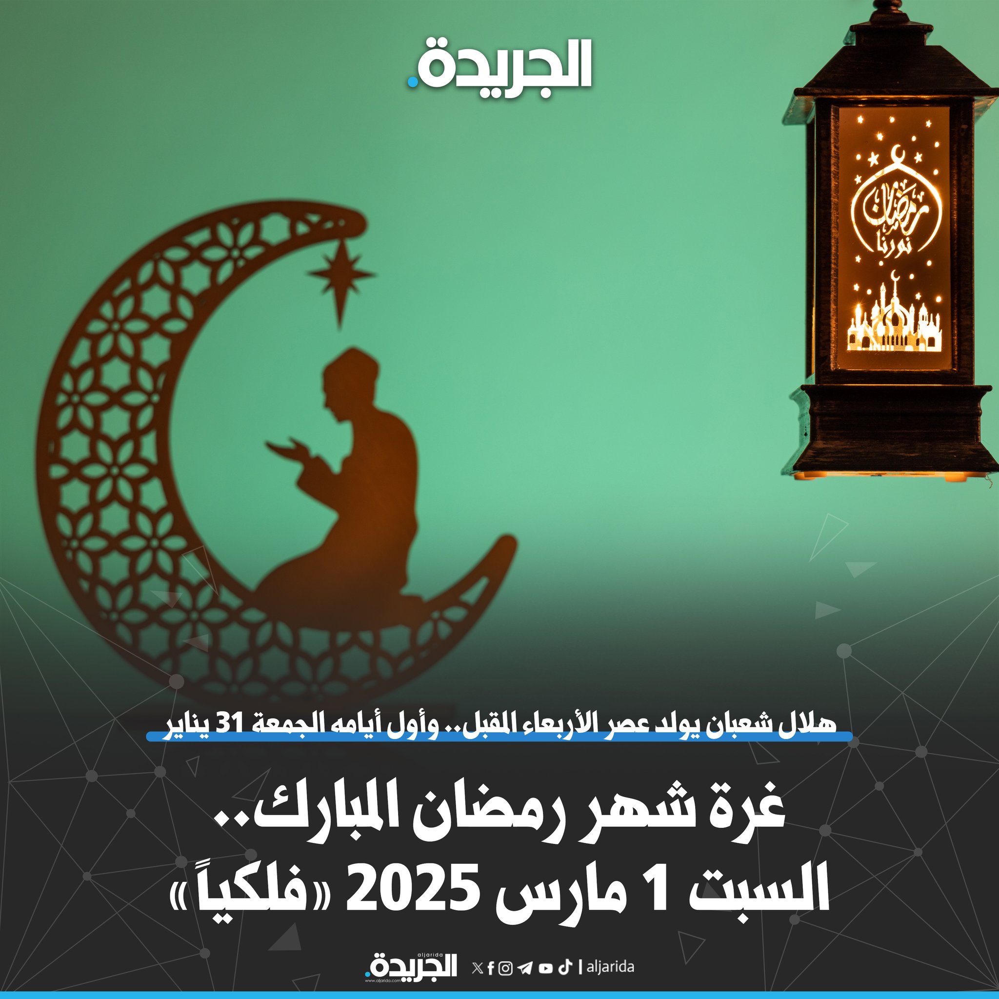 غرة شهر رمضان المبارك.. السبت 1 مارس 2025 «فلكياً». «العجيري العلمي»: هلال شعبان يولد عصر الأربعاء المقبل.. وأول أيام الجمعة 31 يناير